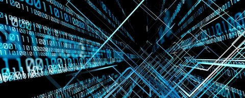 Stock photo of a futiristic image. the background black with blue bars/binary code. Digital technology concept