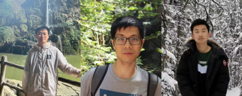 Three young men in different outdoor settings: one by a waterfall, one in a forest, and one in a snowy landscape.
