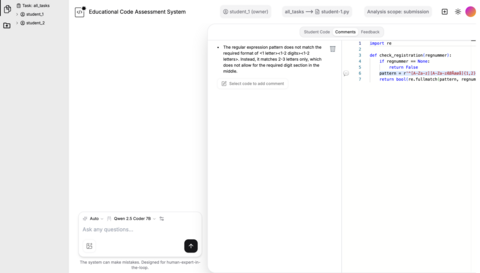 Screenshot of a web-based Educational Code Assessment System interface, displaying a code editor on the right and a chat interface on the left. The text says "The regular expression patter does not match the required format of <1 letter> <1-2 digits> <1-2 letters>. Instead, it matches 2-3 letters only, which does not allow for the required digit section in the middle
