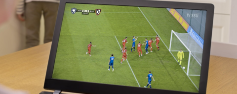 Someone using a laptop to watch a soccer match. The team is huddled near the n