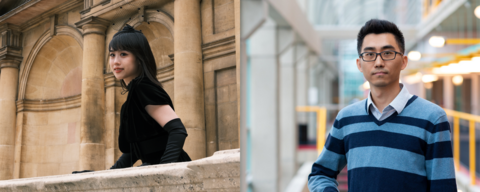 Composite Photo of Yuzhe (An Asian woman in a black dress and gloves leans against a stone wall outdoors Taken at Cambridge University) and Professor Jian Zhao (right an Asian man in a blue-striped sweater stands in an indoor setting with modern architecture in the background)