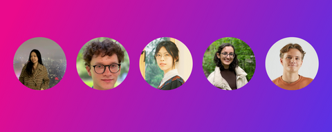 pink-purple gradient background with five circular icons, featuring each winner's headshot