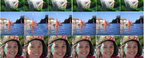 A grid of images featuring various outdoor scenes, including a person lounging on grass, boats with red sails on water, and individuals wearing hats. The faces are blurred for privacy.