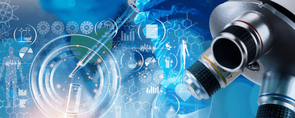 a futuristic stock image of a hand holding a dropper, while a microscope is overlaying it