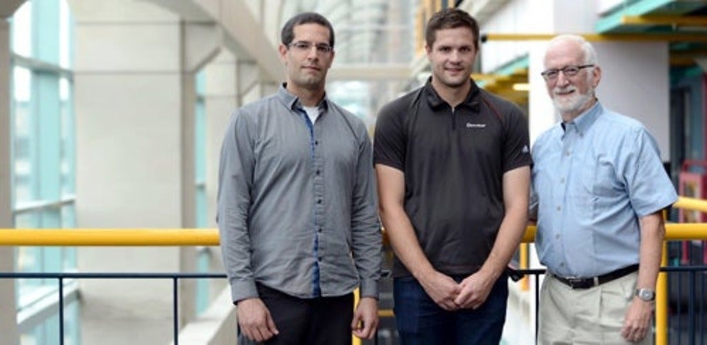 photo o postdoctoral fellow Andrew Kane, MMath graduate Dallas Fraser, and Distinguished Professor Emeritus Frank Tompa
