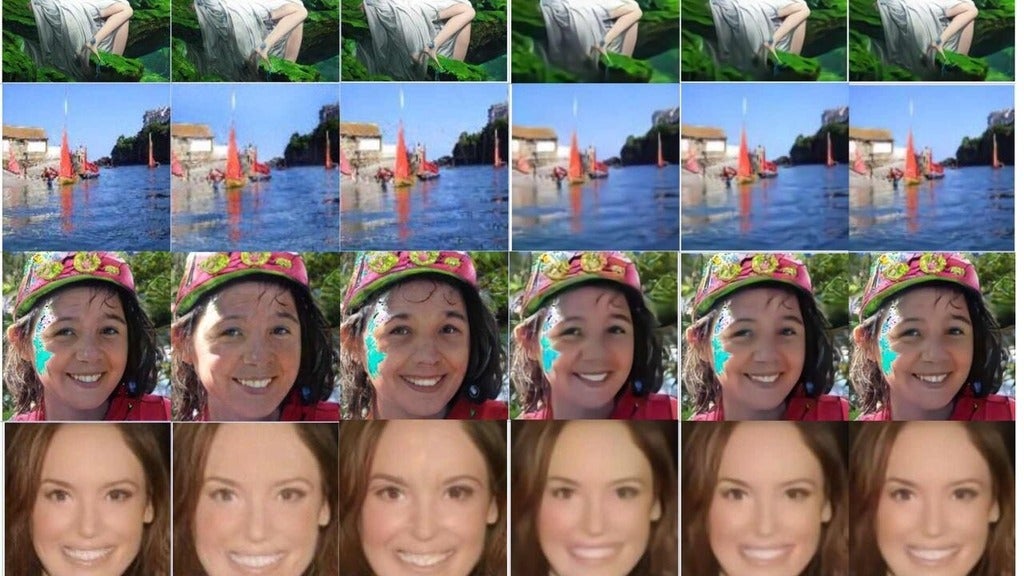 A grid of images featuring various outdoor scenes, including a person lounging on grass, boats with red sails on water, and individuals wearing hats. The faces are blurred for privacy.