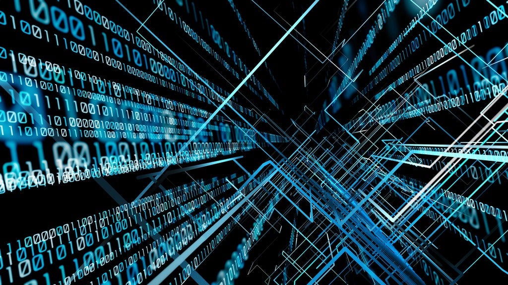 Stock photo of a futiristic image. the background black with blue bars/binary code. Digital technology concept
