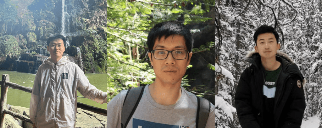 Three young men in different outdoor settings: one by a waterfall, one in a forest, and one in a snowy landscape.
