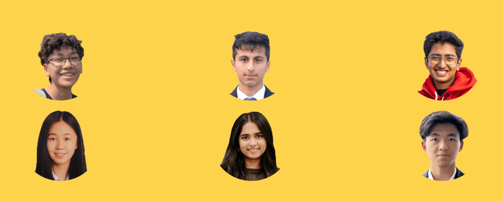 yellow background, with 6 circular icons (each scholarship winner)