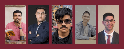 banner with a crimson-red background featuring photos of the recipients 
