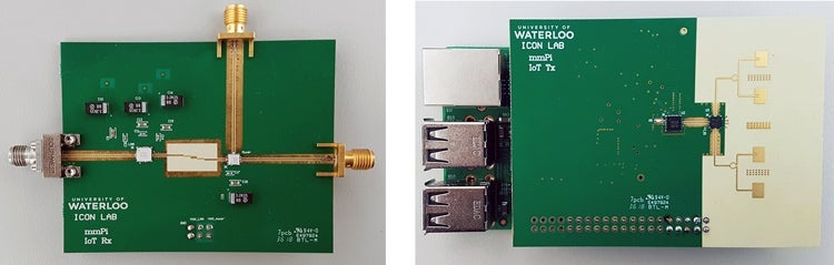 The mmX platform. A node (L) transmits its data to an access point (R).The mmX platform. A node (on left) transmits its data to an access point (on right).
