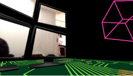 left is a blank computer monitor and the right is black screen with a slanted pink cube and the floor are printed circuit boards